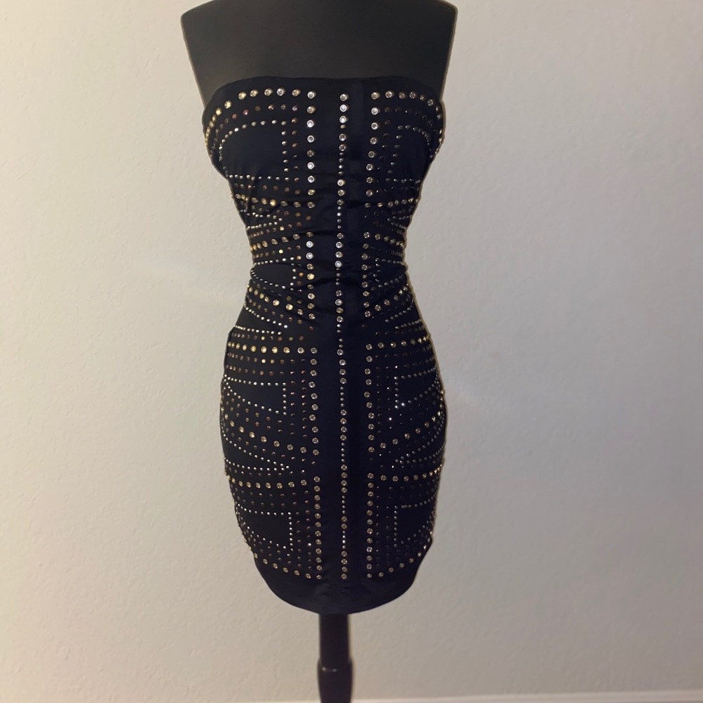 Strapless bling & stud covered mini black dress